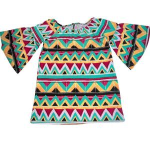 Emma Rose Blouse Women’s Large Tunic Native Colorblock Boho Bell Sleeve Top